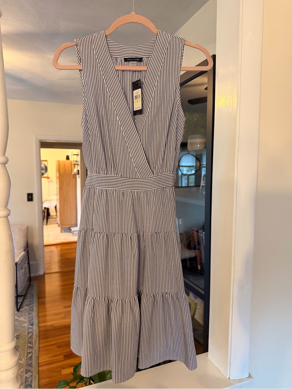 Sleeveless Striped V-Neck Tiered dress - Navy/White